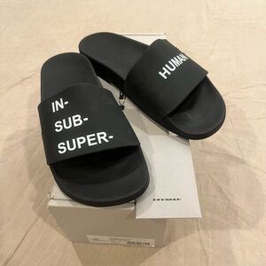 $290 Rick Owens DRKSHDW ‘IN- SUB- SUPER- HUMAN’ Slides, Black/Milk, Size 41
